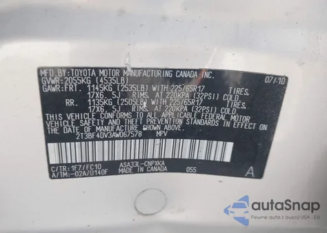2010 Toyota Rav4 z USA, uszkodzony, nr VIN 2T3BF4DV3AW067578